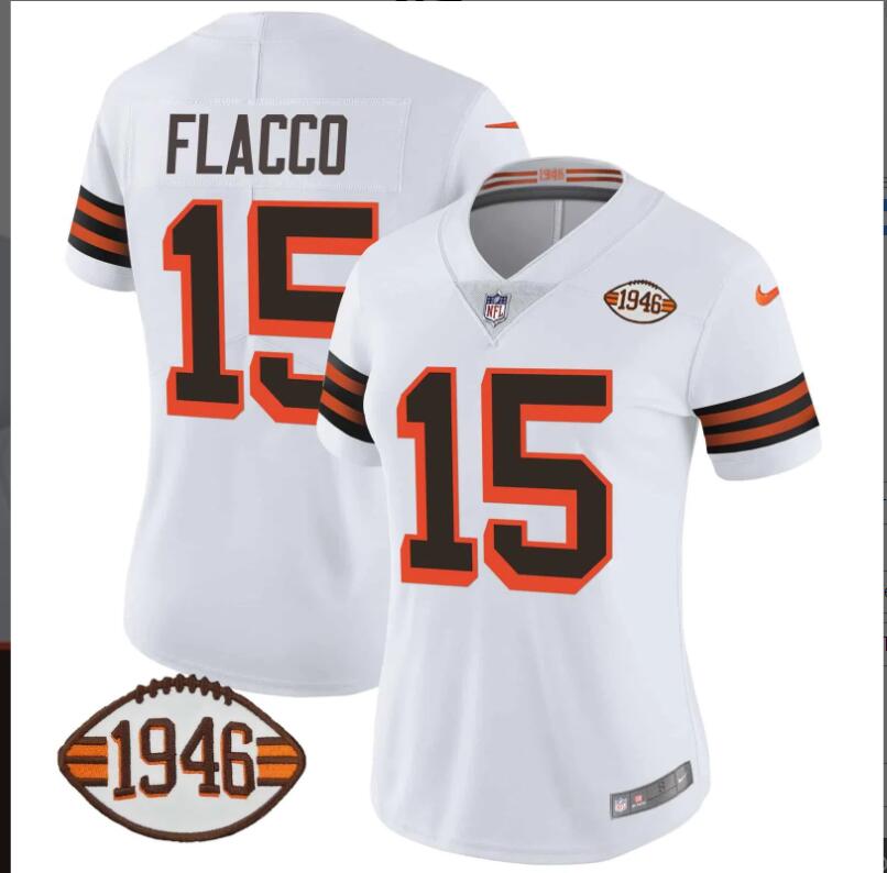 Women Cleveland Browns #15 Flacco 1946 75th Anniversary Patch 2024 NFL white Nike jerseys